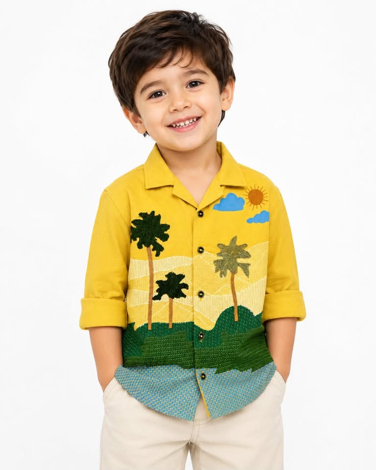 Boys Yellow Palm Tree Printed Full Sleeve Shirt