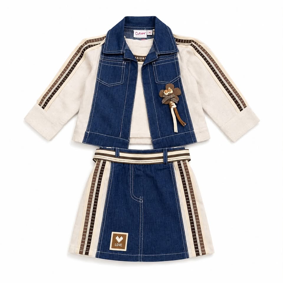Girls' Blue Denim & Cream Linen-Look Jacket & Skirt Set