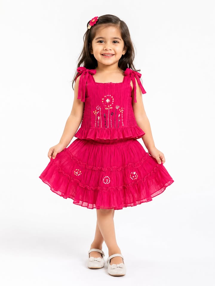 Girls' Pink Embroidered Sleeveless Top & Tiered Skirt Set