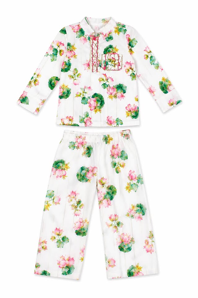 Girls' White Floral Printed Cotton Ethnic Co-Ord Set