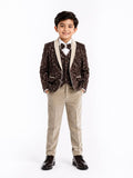 Boys' Brown Velvet Tuxedo Blazer & Beige Trousers Suit Set with Bow Tie