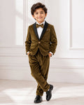 Boys' Bronze Brown Velvet Tuxedo Suit Set with Bow Tie