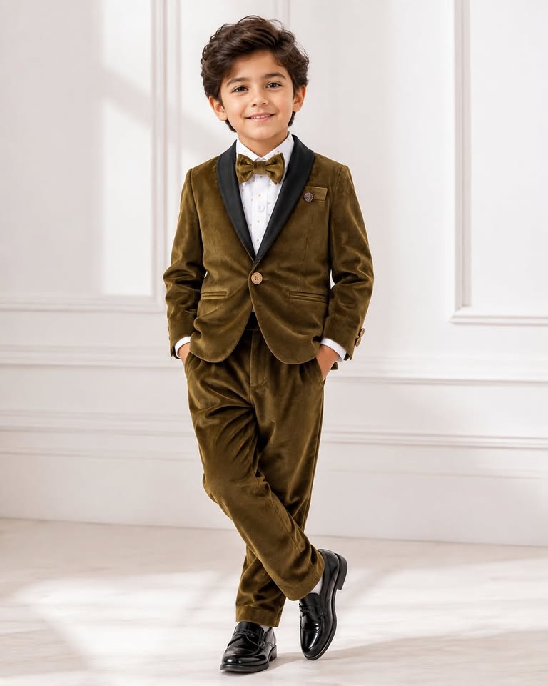 Boys' Bronze Brown Velvet Tuxedo Suit Set with Bow Tie