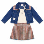 Girls' Blue Hosiery Denim Jacket, Cream Top & Striped Pleated Skirt 3-Piece Set