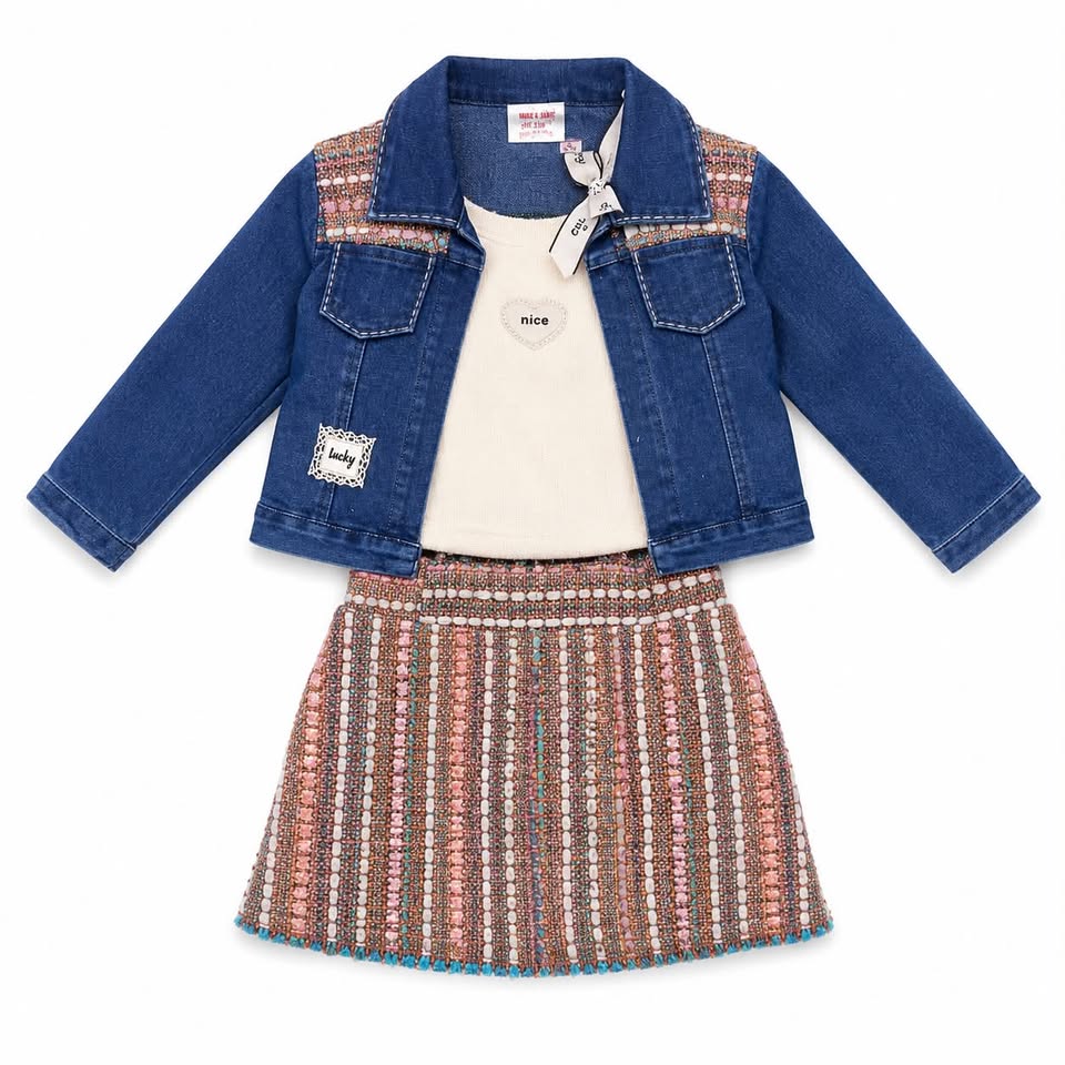 Girls' Blue Hosiery Denim Jacket, Cream Top & Striped Pleated Skirt 3-Piece Set