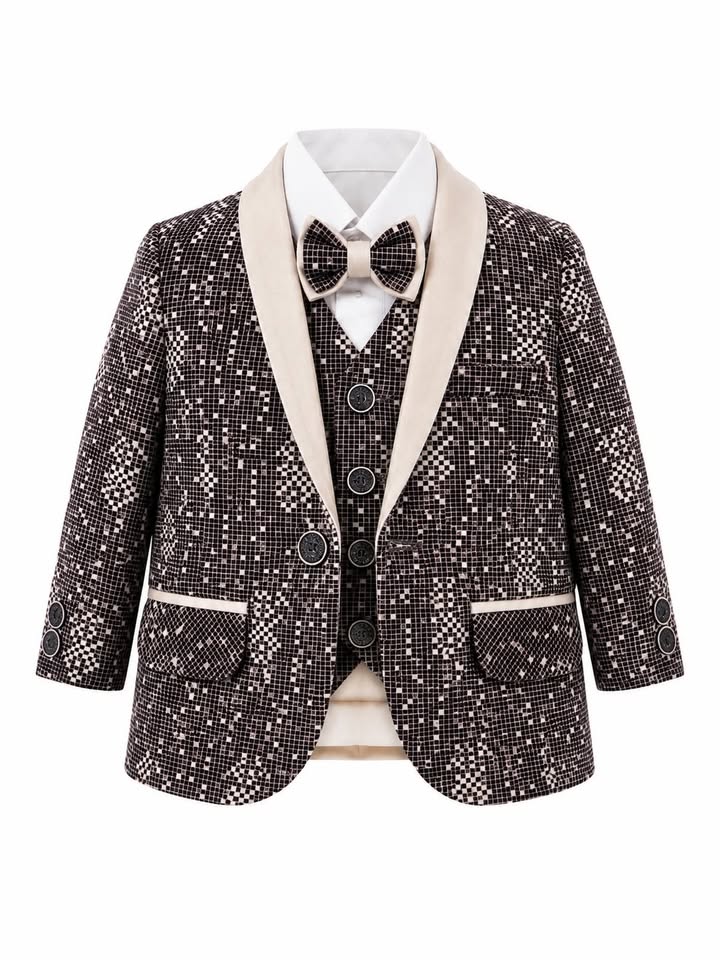Boys' Brown Velvet Tuxedo Blazer & Beige Trousers Suit Set with Bow Tie