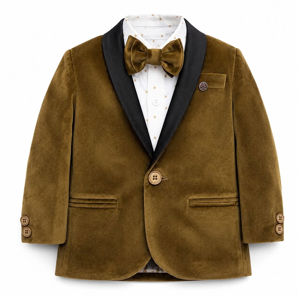 Boys' Bronze Brown Velvet Tuxedo Suit Set with Bow Tie