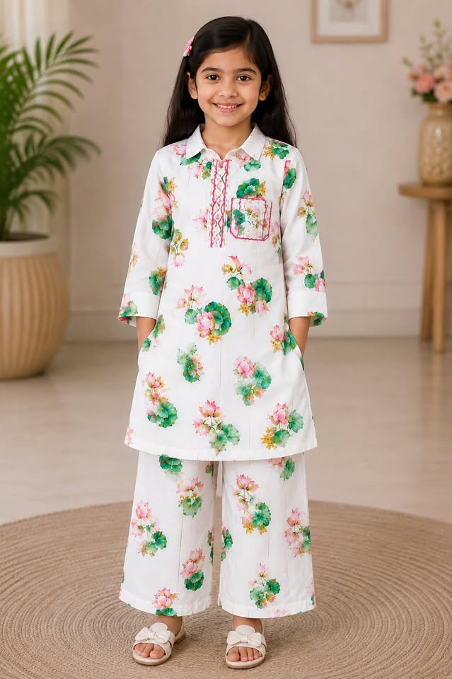 Girls' White Floral Printed Cotton Ethnic Co-Ord Set