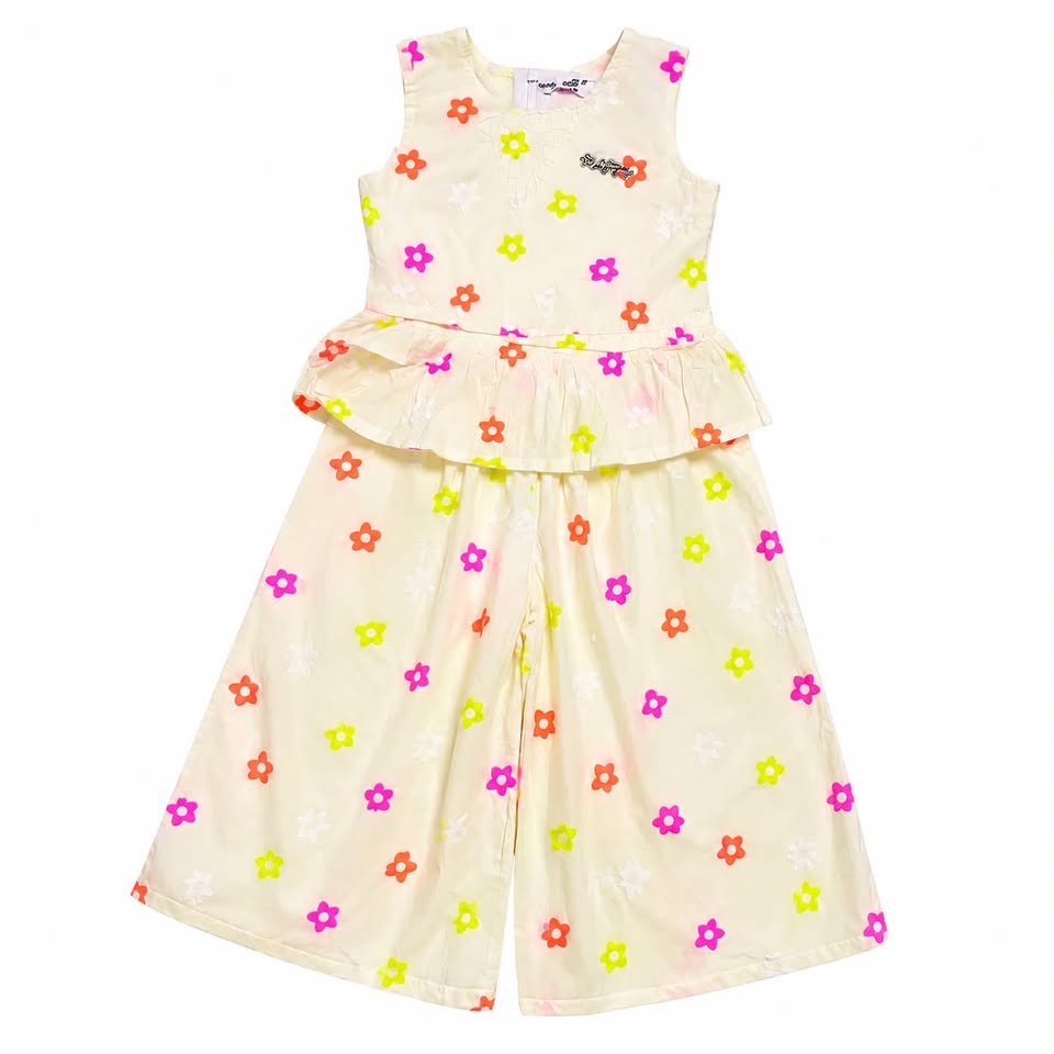Girls' Cream Colorful Flower 2-Piece Cotton Co-Ord Set