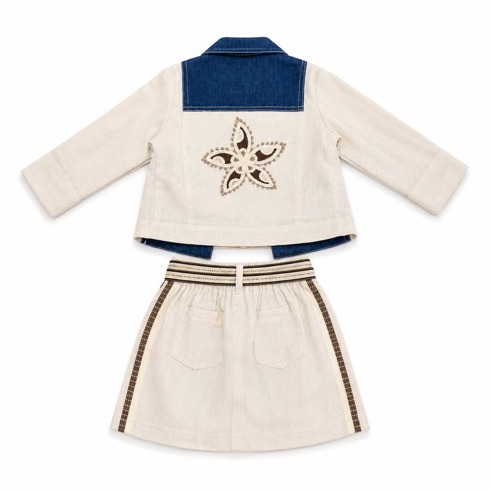 Girls' Blue Denim & Cream Linen-Look Jacket & Skirt Set
