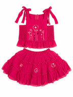 Girls' Pink Embroidered Sleeveless Top & Tiered Skirt Set