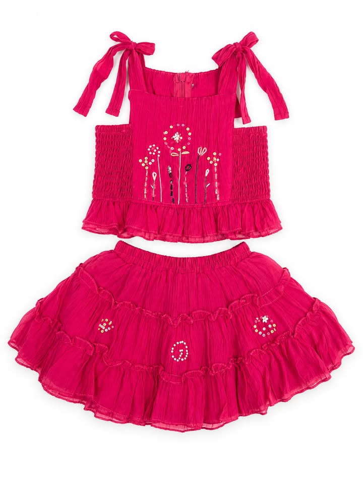 Girls' Pink Embroidered Sleeveless Top & Tiered Skirt Set