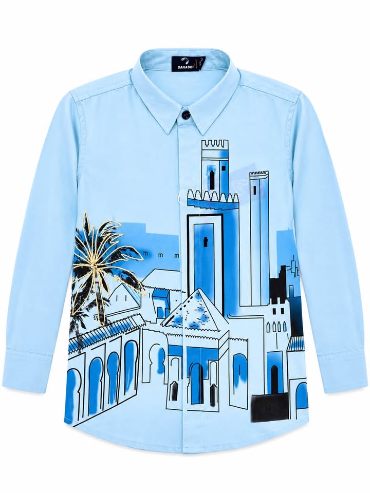 Boys Light Blue City Graphic Printed Long Sleeve Shirt