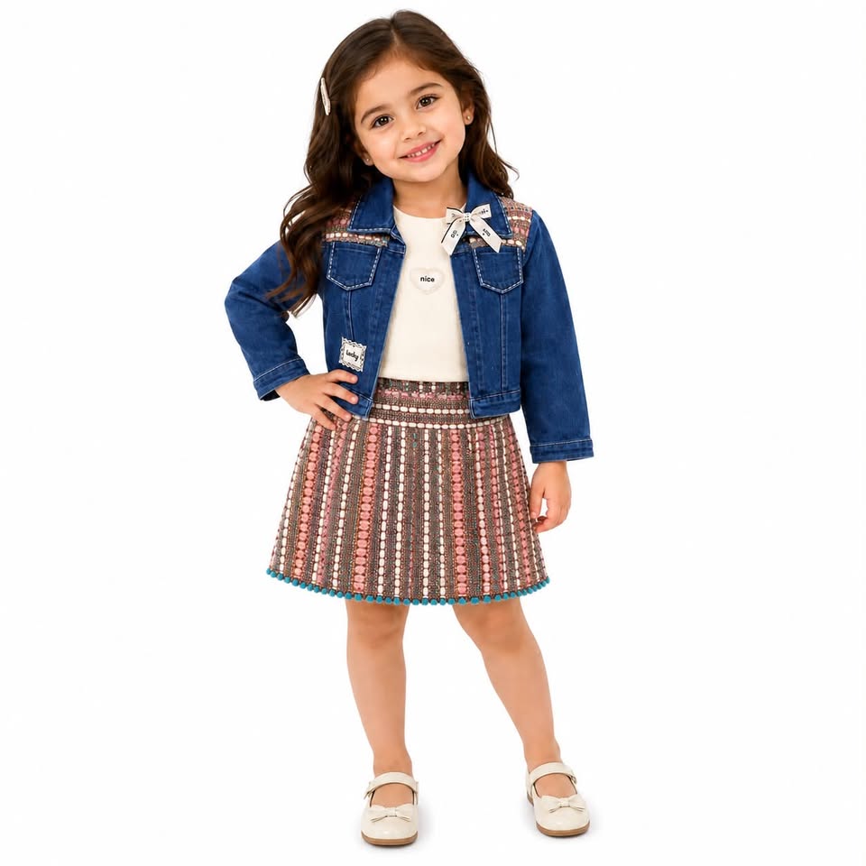 Girls' Blue Hosiery Denim Jacket, Cream Top & Striped Pleated Skirt 3-Piece Set