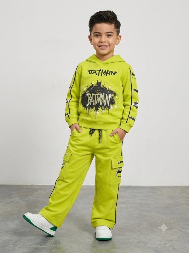 Boys Batman Lime Green Graphic Printed Hooded Co-ord Set
