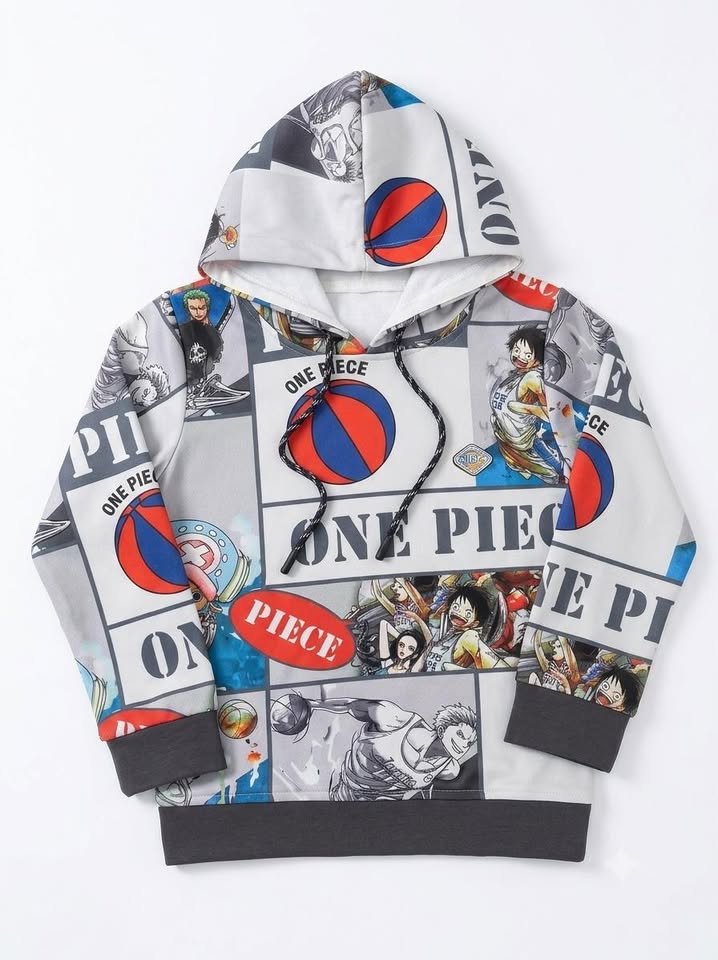Boys One Piece Anime Printed Pullover Hoodie - White