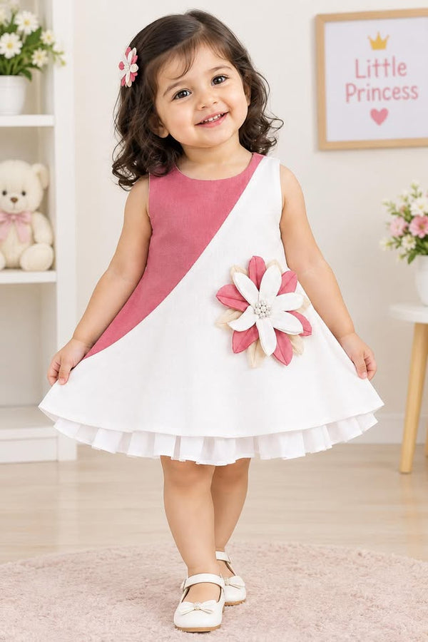 Girls Rust Floral Applique Pleated Frock