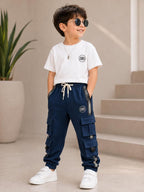 Boys Blue Cargo Track Pants with Pockets & Elastic Waist
