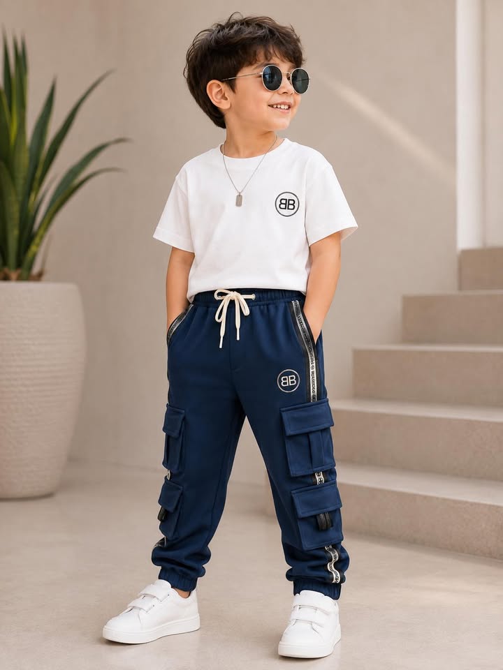 Boys Blue Cargo Track Pants with Pockets & Elastic Waist