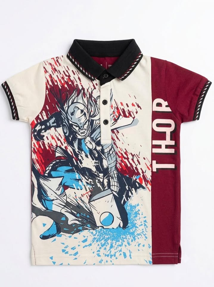 Boys White & Maroon Printed Polo T-Shirt
