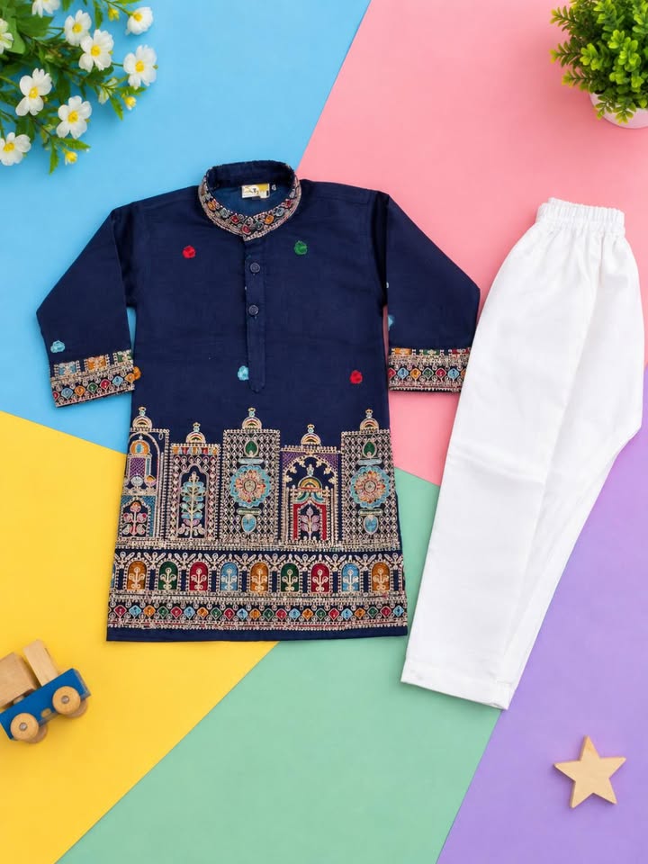 Boys Navy Blue Ethnic Kurta Pajama Set for Festivals