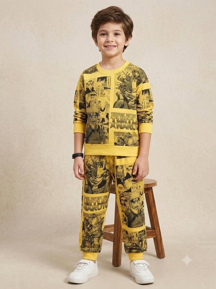 Boys Yellow Graphic Printed Top and Pants Co-Ord Set