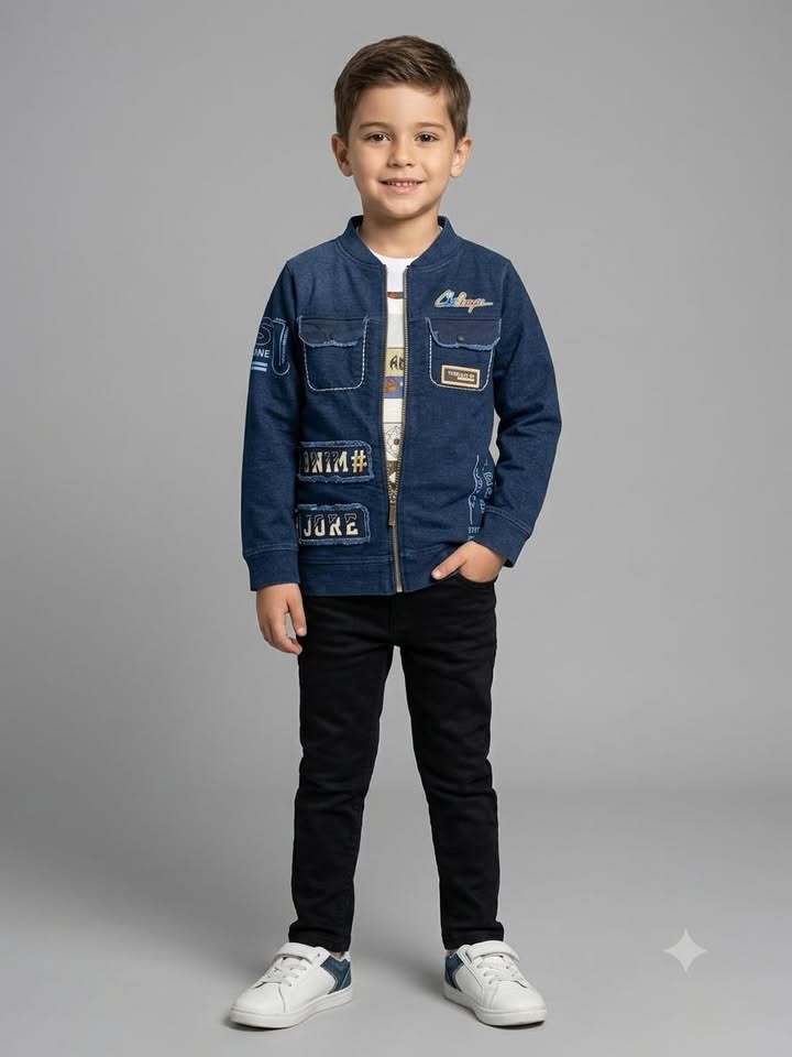 Boys Navy Blue Denim Printed Zip-Up Jacket