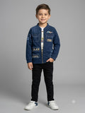 Boys Navy Blue Denim Printed Zip-Up Jacket