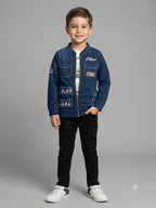 Boys Navy Blue Denim Printed Zip-Up Jacket