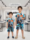 Boys Blue Graphic Printed Shirt & Shorts Co-ord Set