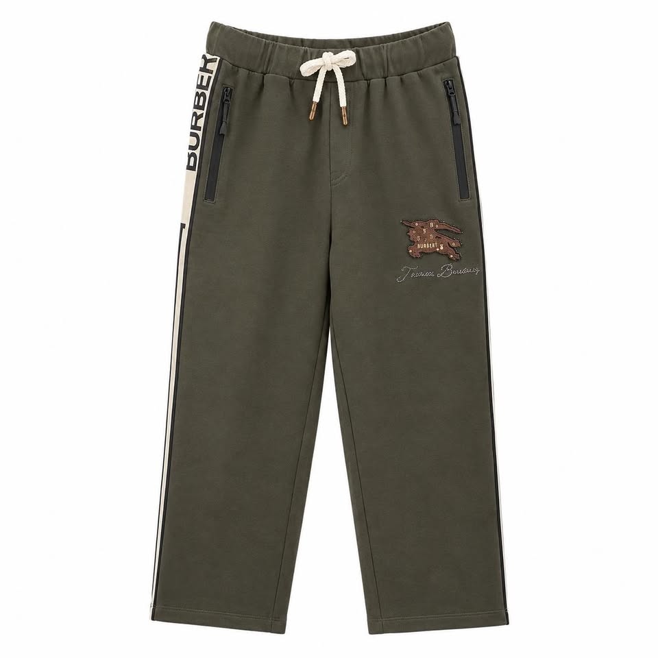 Boys Olive Green Jogger Track Pants with White Side Stripe