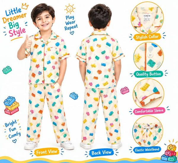 Boys Off-White Multi-Graphic Printed Cotton Night Suit