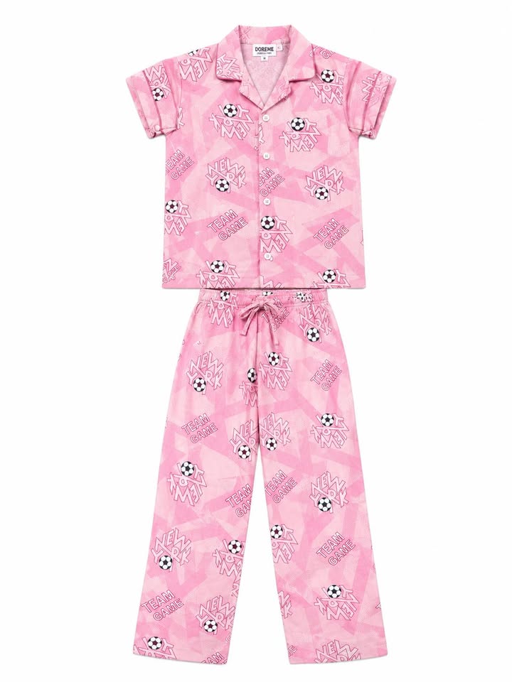 Kids Pink "Little Game Changer" Printed Nightwear Set