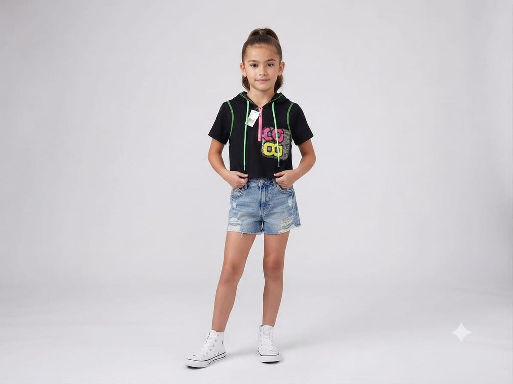 Girls Black Hooded Crop Top with Mesh Hood