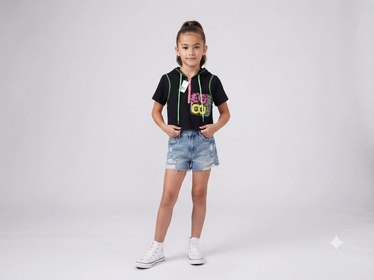 Girls Black Hooded Crop Top with Mesh Hood