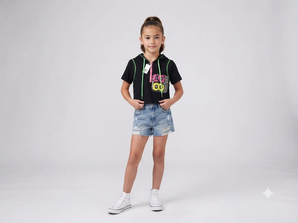 Girls Black Hooded Crop Top with Mesh Hood