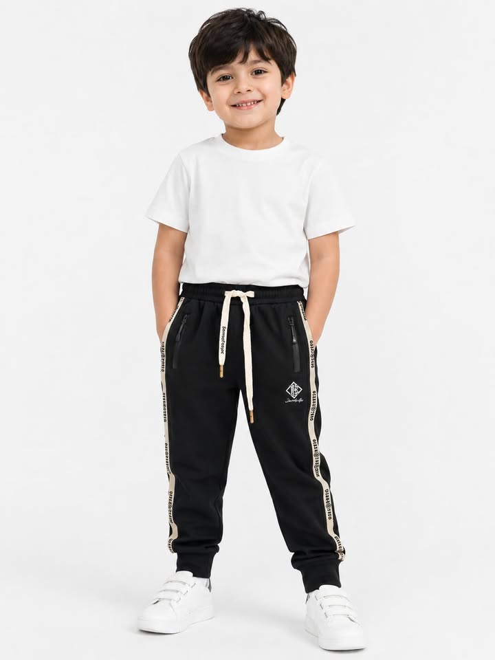 Boys Athletic Black Striped Track Pants