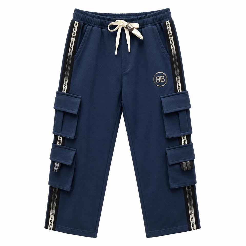 Boys Blue Cargo Track Pants with Pockets & Elastic Waist
