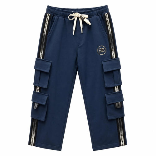 Boys Blue Cargo Track Pants with Pockets & Elastic Waist