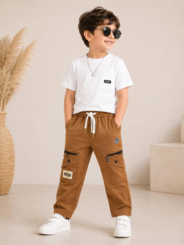 Boys Comfort Fit Casual Cargo Trousers - Brown