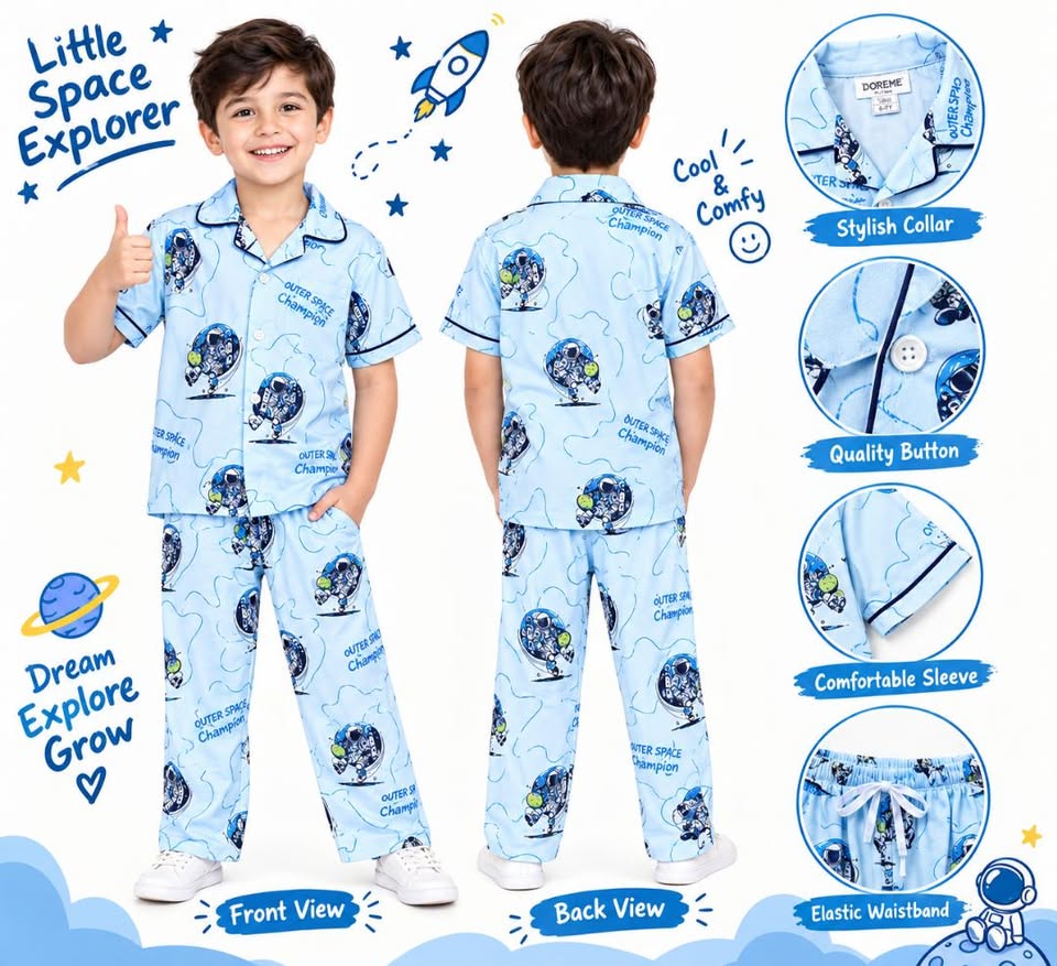 Boys Blue Space Explorer Printed Cotton Night Suit Set