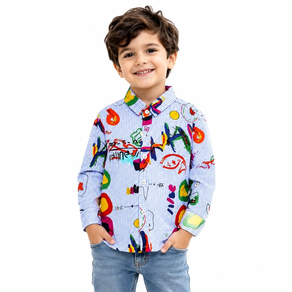 Boys Sky Blue Printed Cotton T-Shirt