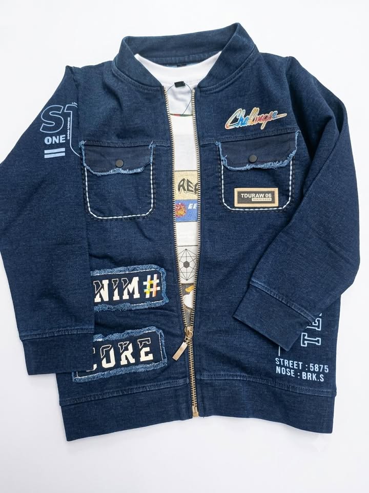 Boys Navy Blue Denim Printed Zip-Up Jacket