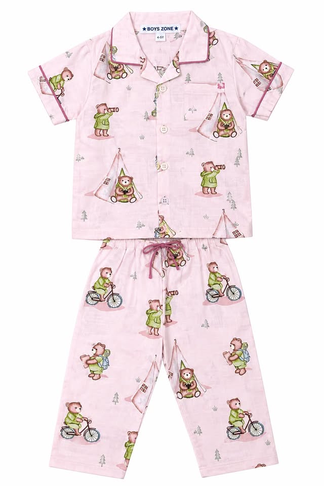 BOYS PINK TEDDY BEAR PRINTED COTTON NIGHT SUIT SET