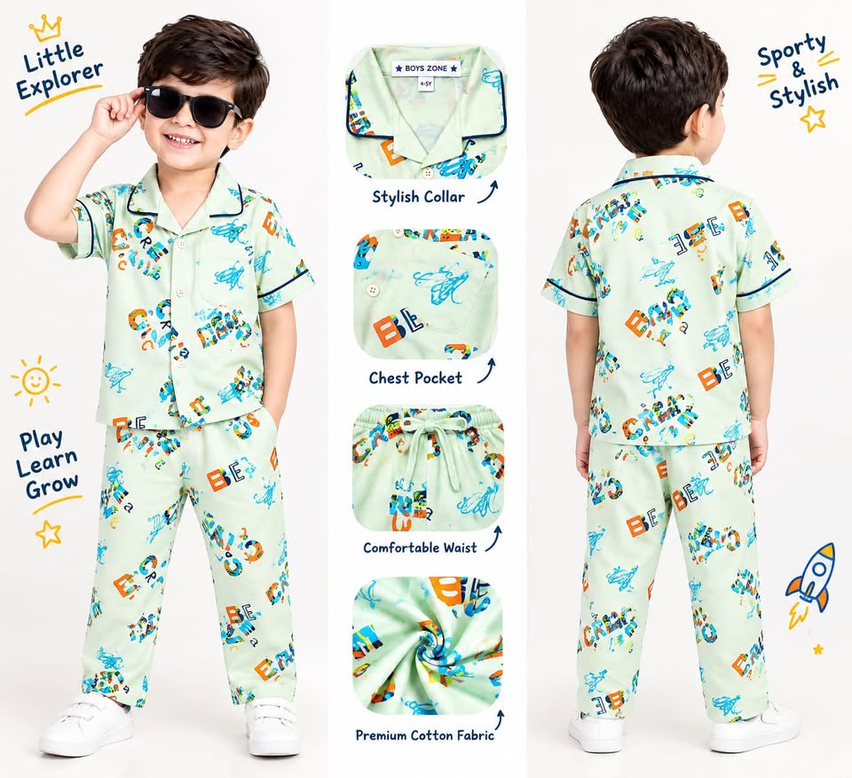 BOYS MINT GREEN PRINTED NIGHTSUIT