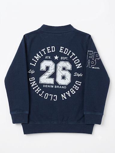 Boys Navy Blue Denim Printed Zip-Up Jacket