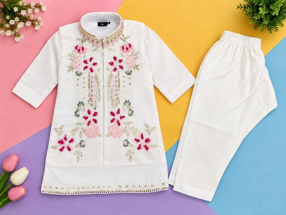 Boys White Festive Embroidered Ethnic Wear Set