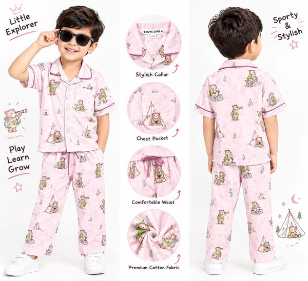 BOYS PINK TEDDY BEAR PRINTED COTTON NIGHT SUIT SET