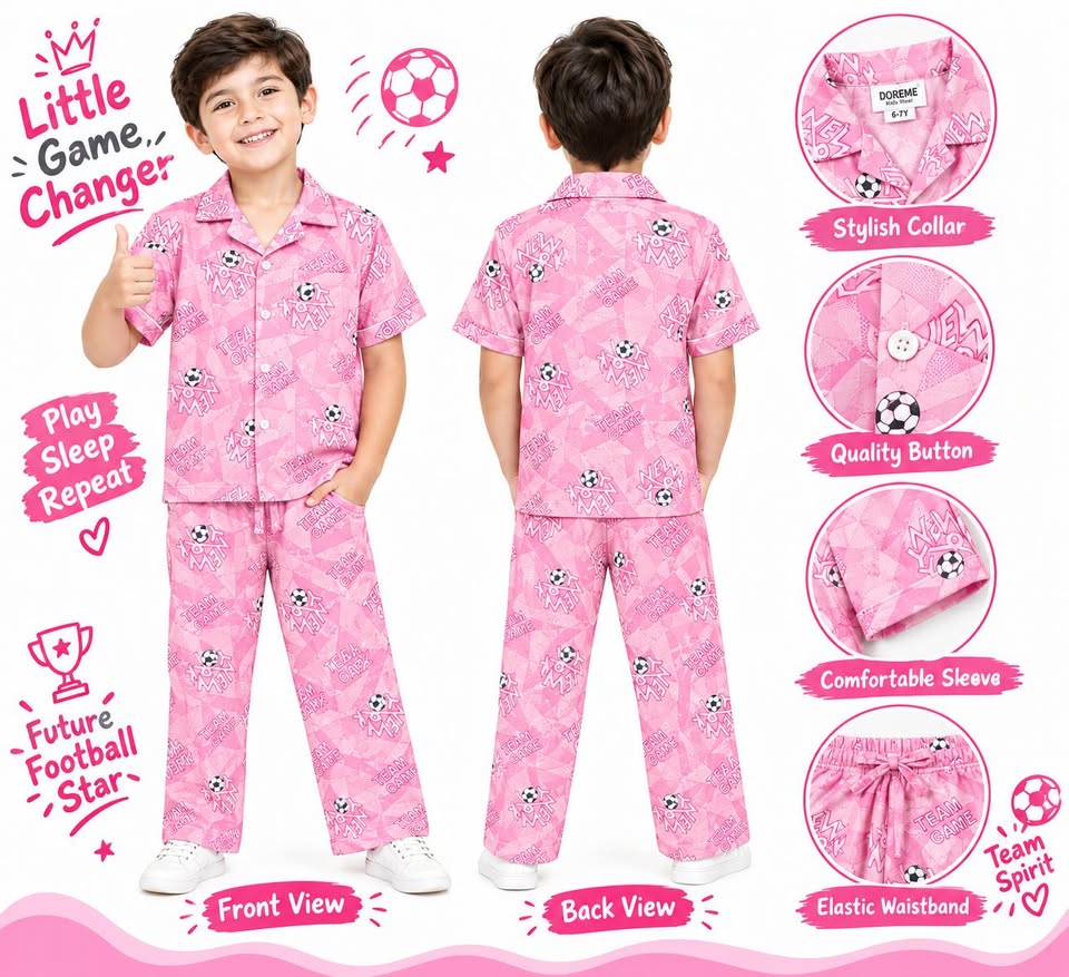 Kids Pink "Little Game Changer" Printed Nightwear Set