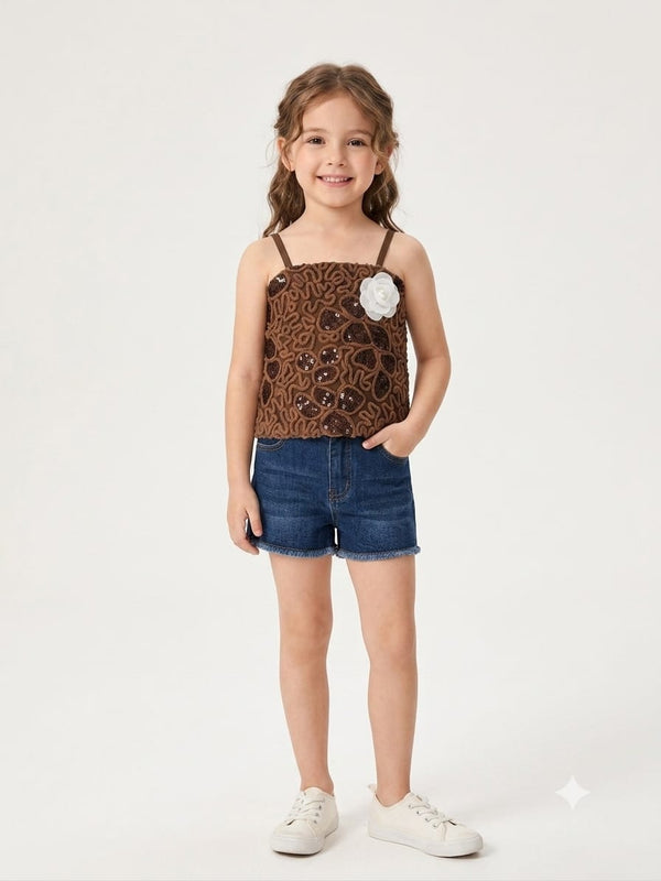 Girls Brown Sequin Embellished Camisole Crop Top